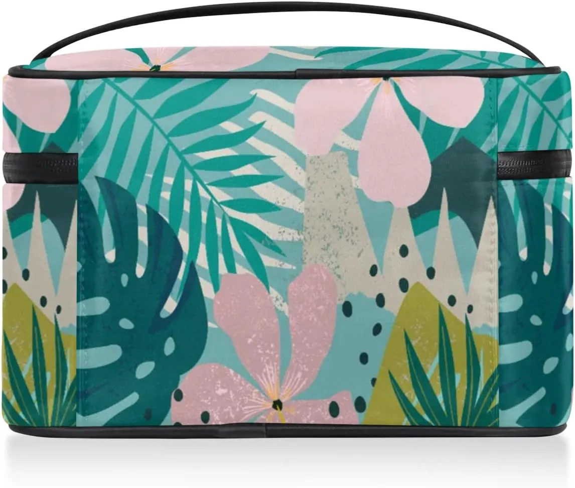Large Makeup Bag Travel Cosmetic Bags for Women Teal Pink Tropical Palm Flower Floral Makeup Organizer Case Toiletry Bag for Girls Traveling Wide Open Portable Pouch with Handle