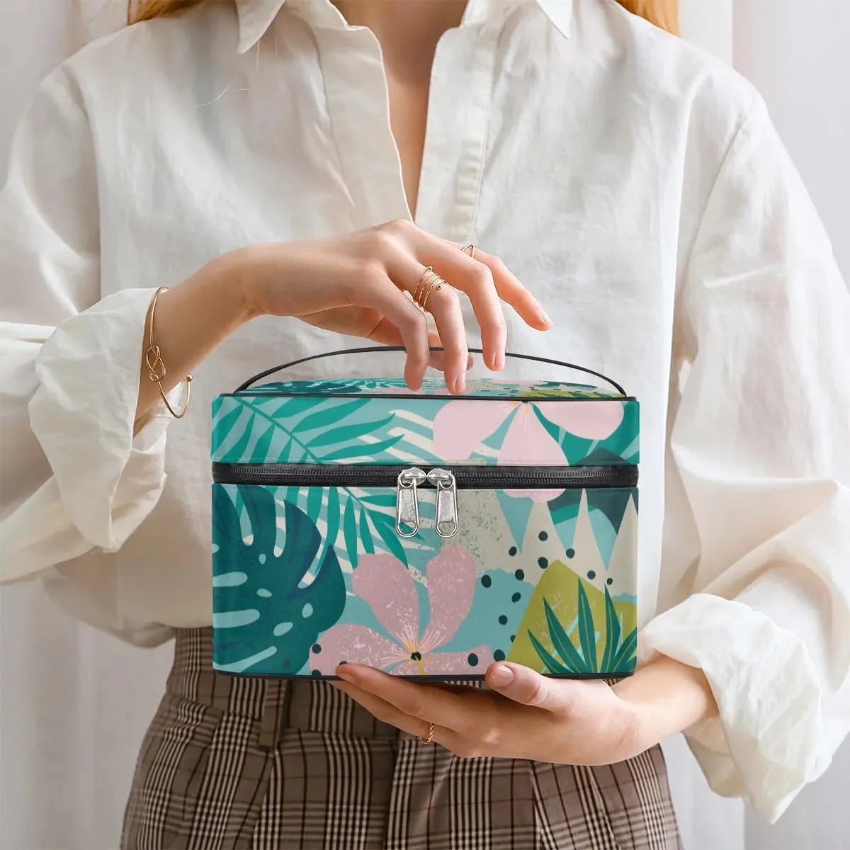 Large Makeup Bag Travel Cosmetic Bags for Women Teal Pink Tropical Palm Flower Floral Makeup Organizer Case Toiletry Bag for Girls Traveling Wide Open Portable Pouch with Handle