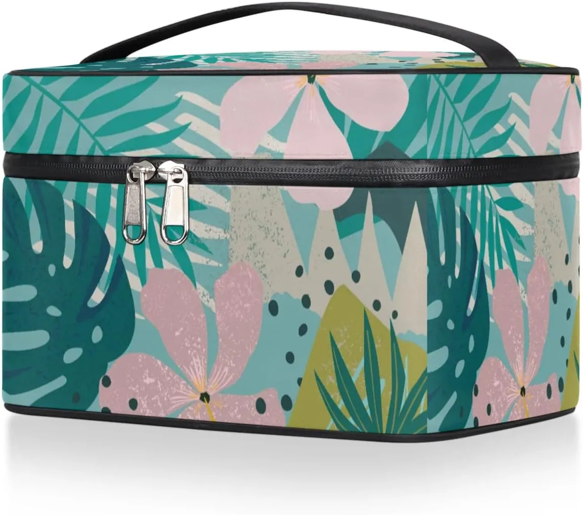 Large Makeup Bag Travel Cosmetic Bags for Women Teal Pink Tropical Palm Flower Floral Makeup Organizer Case Toiletry Bag for Girls Traveling Wide Open Portable Pouch with Handle