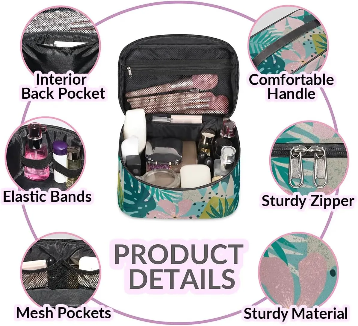 Large Makeup Bag Travel Cosmetic Bags for Women Teal Pink Tropical Palm Flower Floral Makeup Organizer Case Toiletry Bag for Girls Traveling Wide Open Portable Pouch with Handle