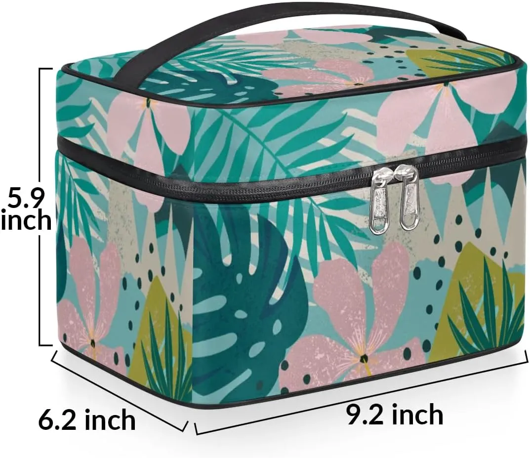 Large Makeup Bag Travel Cosmetic Bags for Women Teal Pink Tropical Palm Flower Floral Makeup Organizer Case Toiletry Bag for Girls Traveling Wide Open Portable Pouch with Handle