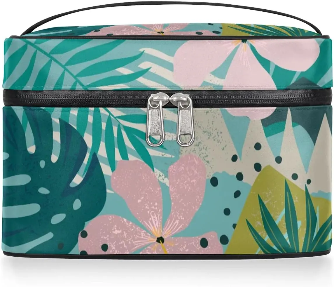 Large Makeup Bag Travel Cosmetic Bags for Women Teal Pink Tropical Palm Flower Floral Makeup Organizer Case Toiletry Bag for Girls Traveling Wide Open Portable Pouch with Handle