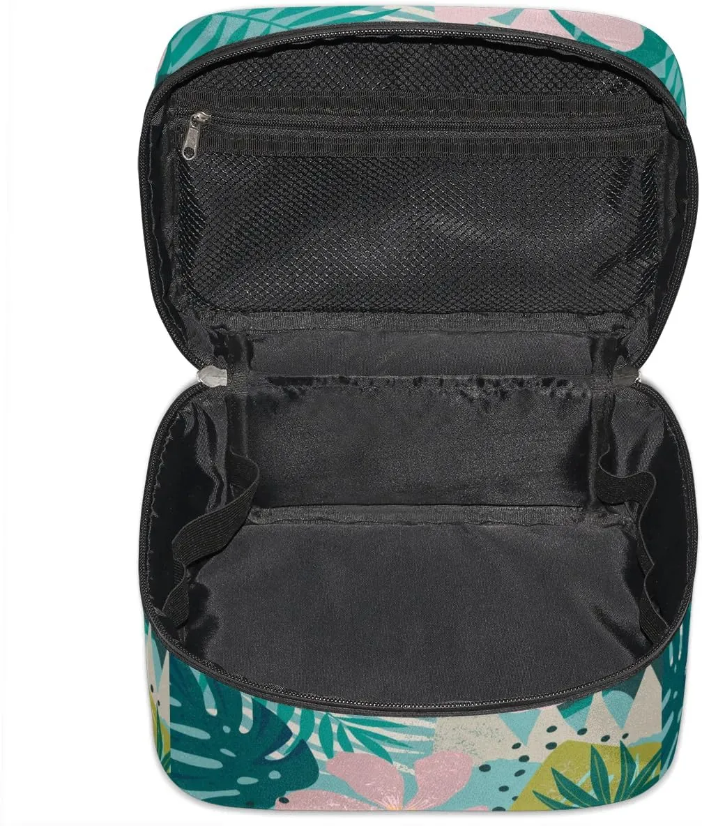 Large Makeup Bag Travel Cosmetic Bags for Women Teal Pink Tropical Palm Flower Floral Makeup Organizer Case Toiletry Bag for Girls Traveling Wide Open Portable Pouch with Handle