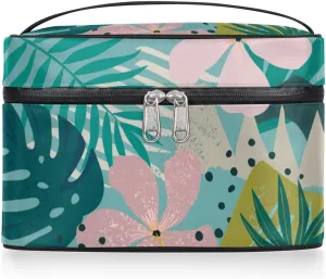 Large Makeup Bag Travel Cosmetic Bags for Women Teal Pink Tropical Palm Flower Floral Makeup Organizer Case Toiletry Bag for Girls Traveling Wide Open Portable Pouch with Handle