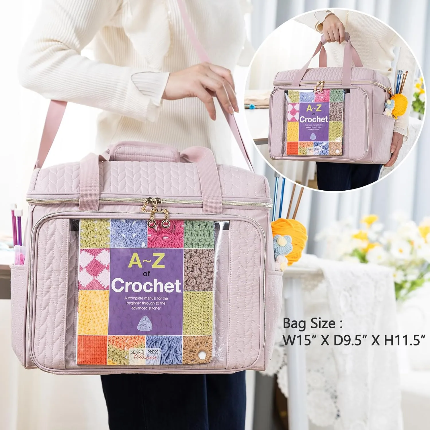 Large Yarn Storage Bag,Crochet Bag Organizer,Yarn Bags for Crocheting,Crochet Storage Bag with Pockets for Crochet Hooks, Crochet Accessories,Knitting Bags,Gifts for Crocheters