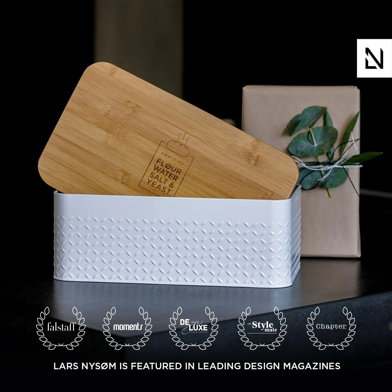LARS NYSØM Bread Box I Metal Box with linen bag for long lasting freshness I Bread Bin with bamboo lid usable as cutting board I 13.4x7.3x5.3In (Almond Beige)