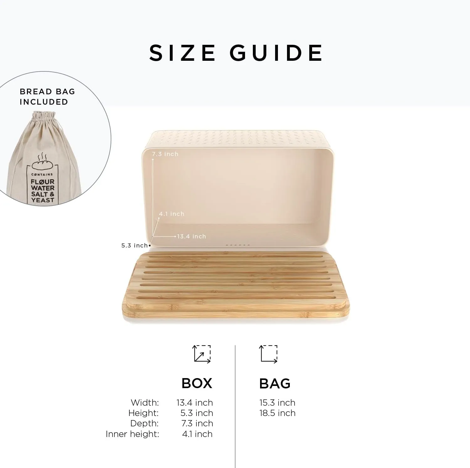 LARS NYSØM Bread Box I Metal Box with linen bag for long lasting freshness I Bread Bin with bamboo lid usable as cutting board I 13.4x7.3x5.3In (Almond Beige)