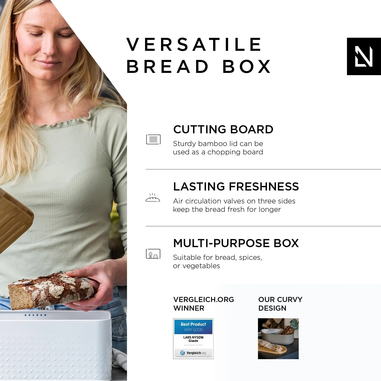 LARS NYSØM Bread Box I Metal Box with linen bag for long lasting freshness I Bread Bin with bamboo lid usable as cutting board I 13.4x7.3x5.3In (Almond Beige)