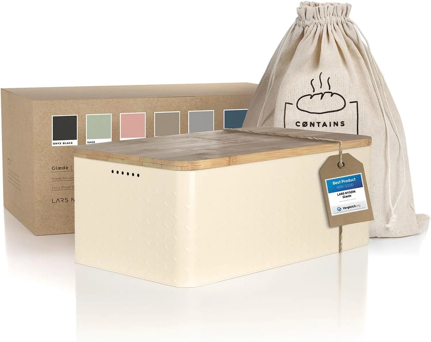 LARS NYSØM Bread Box I Metal Box with linen bag for long lasting freshness I Bread Bin with bamboo lid usable as cutting board I 13.4x7.3x5.3In (Almond Beige)