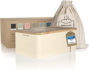 LARS NYSØM Bread Box I Metal Box with linen bag for long lasting freshness I Bread Bin with bamboo lid usable as cutting board I 13.4x7.3x5.3In (Almond Beige)