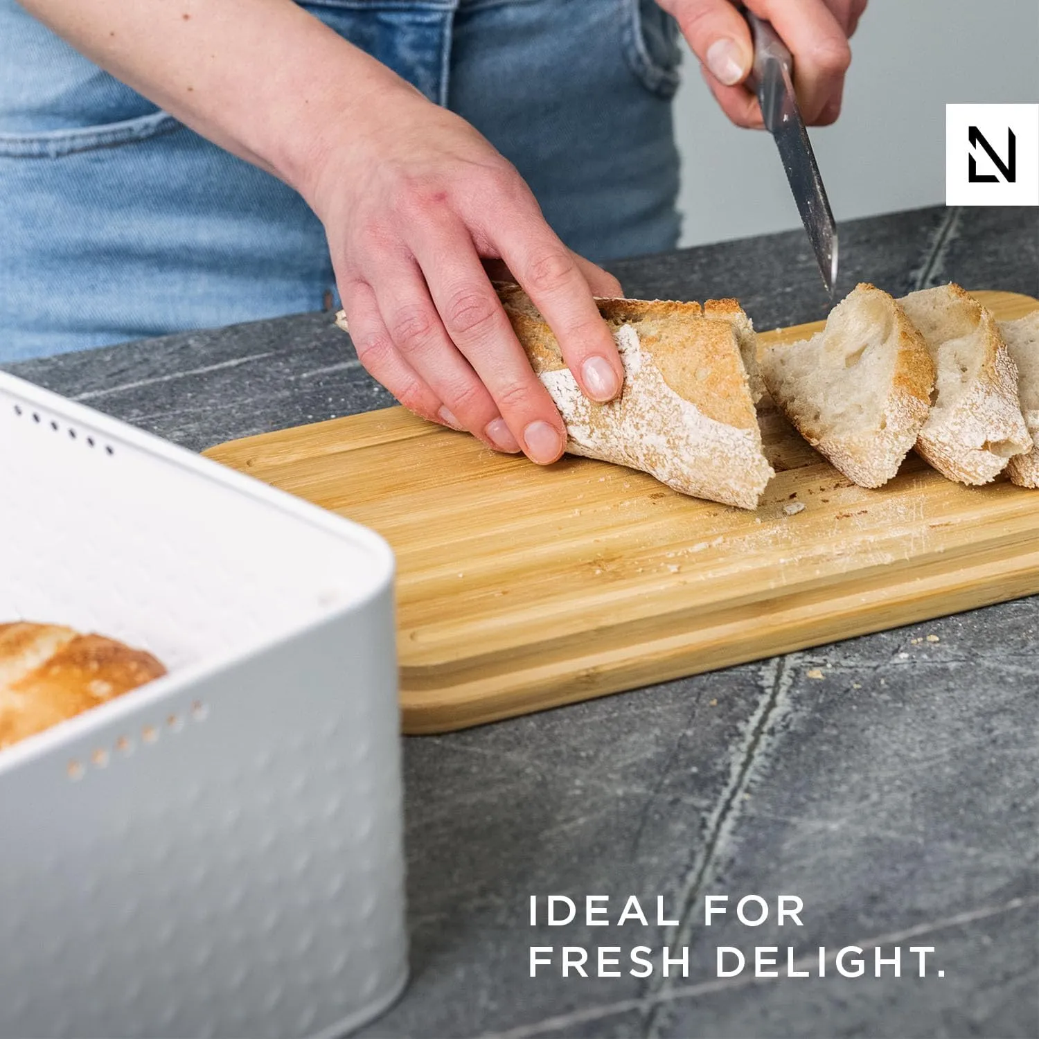 LARS NYSØM Bread Box I Metal Box with linen bag for long lasting freshness I Bread Bin with bamboo lid usable as cutting board I 13.4x7.3x5.3In (Almond Beige)