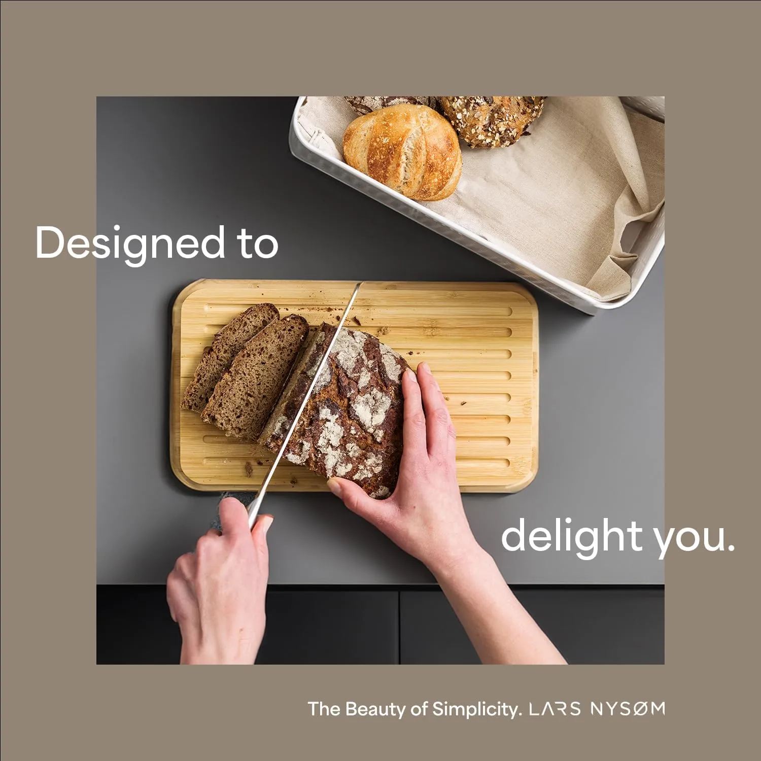 LARS NYSØM Bread Box I Metal Box with linen bag for long lasting freshness I Bread Bin with bamboo lid usable as cutting board I 13.4x7.3x5.3In (Taupe Brown)