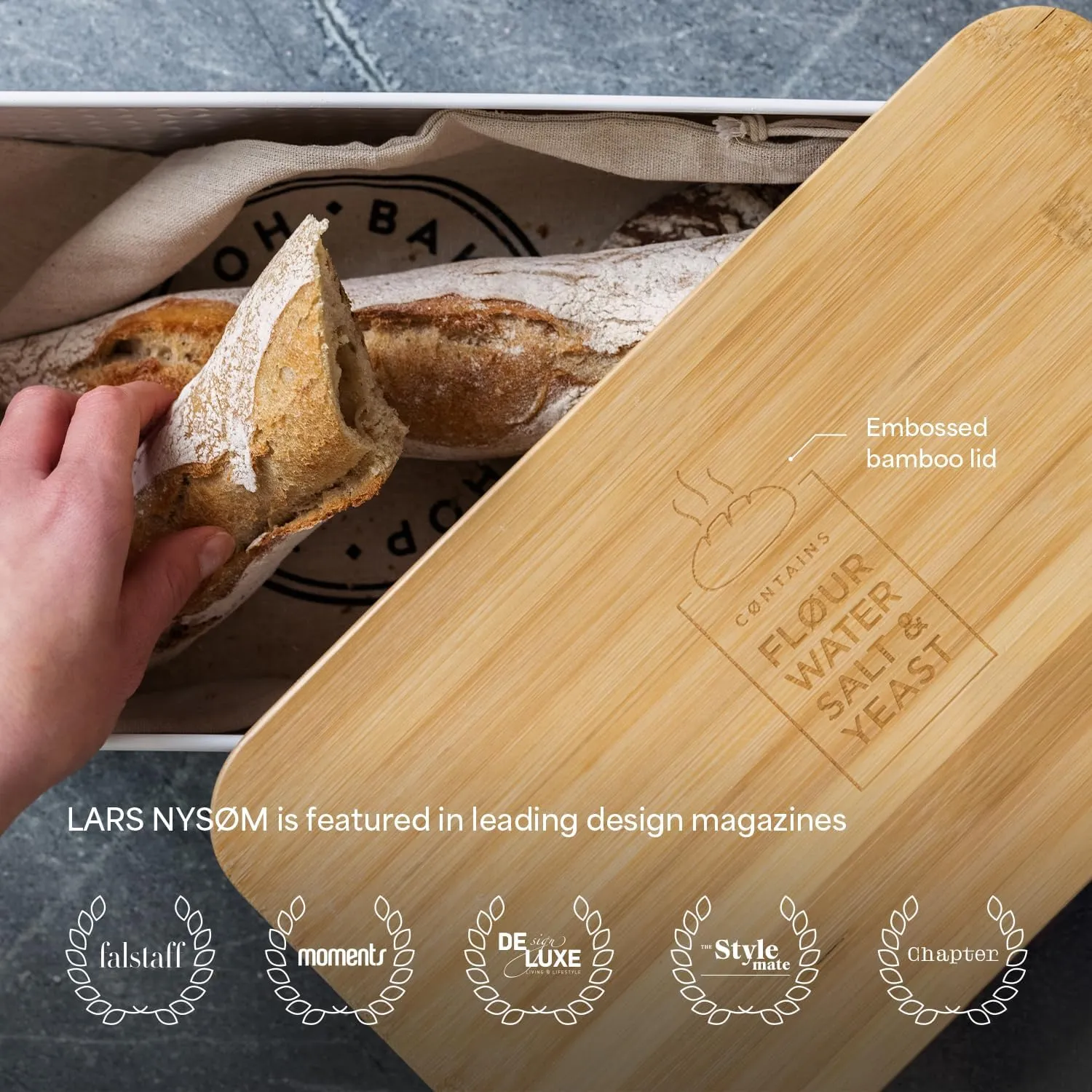 LARS NYSØM Bread Box I Metal Box with linen bag for long lasting freshness I Bread Bin with bamboo lid usable as cutting board I 13.4x7.3x5.3In (Taupe Brown)