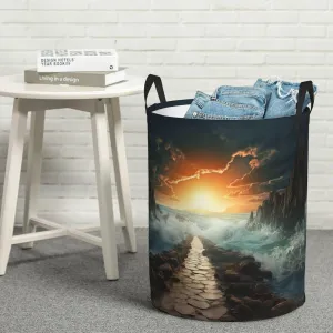 Laundry Basket Freestanding Laundry Hamper Divided Sea Pathway Laundry Baskets Dirty Clothes Hamper for Laundry Circular Storage Basket Collapsible Storage Bag for Bedroom
