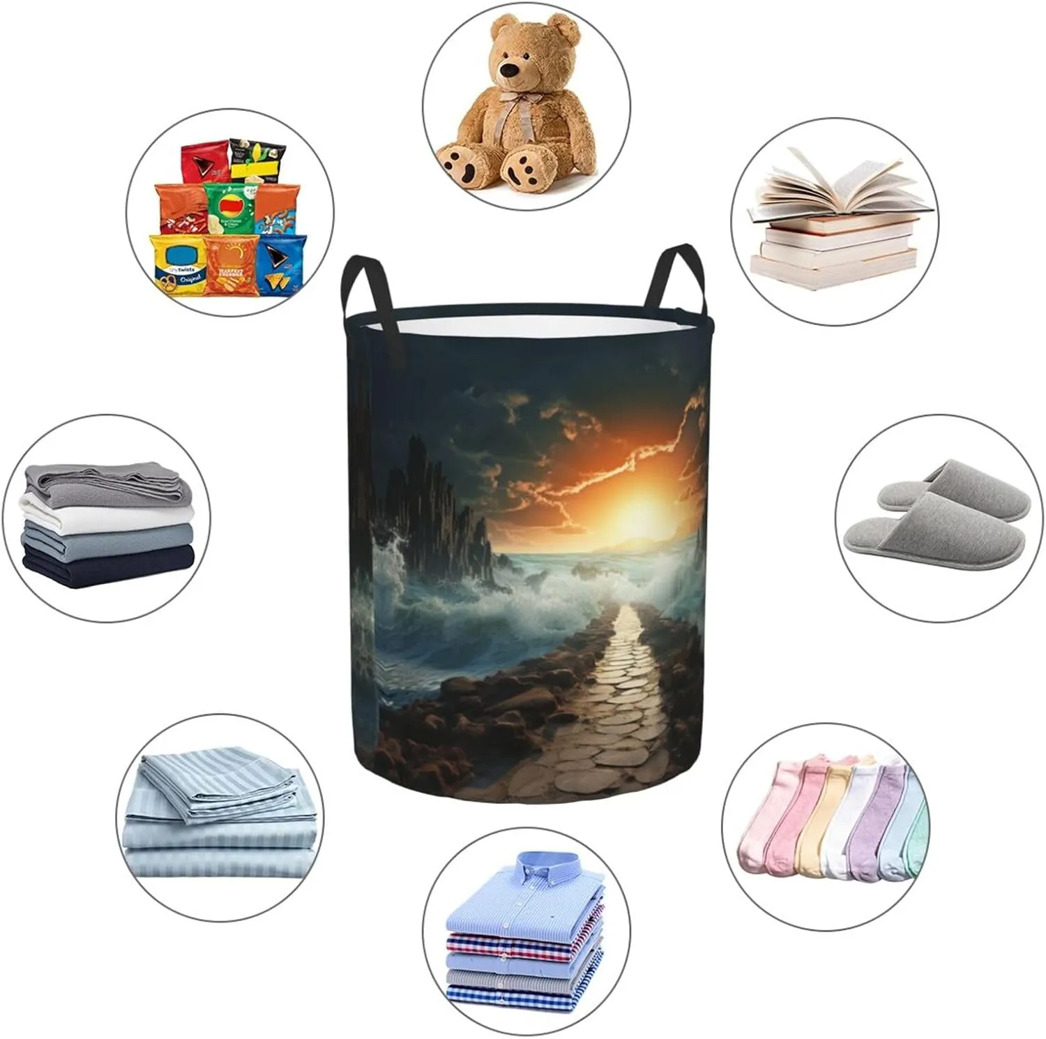 Laundry Basket Freestanding Laundry Hamper Divided Sea Pathway Laundry Baskets Dirty Clothes Hamper for Laundry Circular Storage Basket Collapsible Storage Bag for Bedroom
