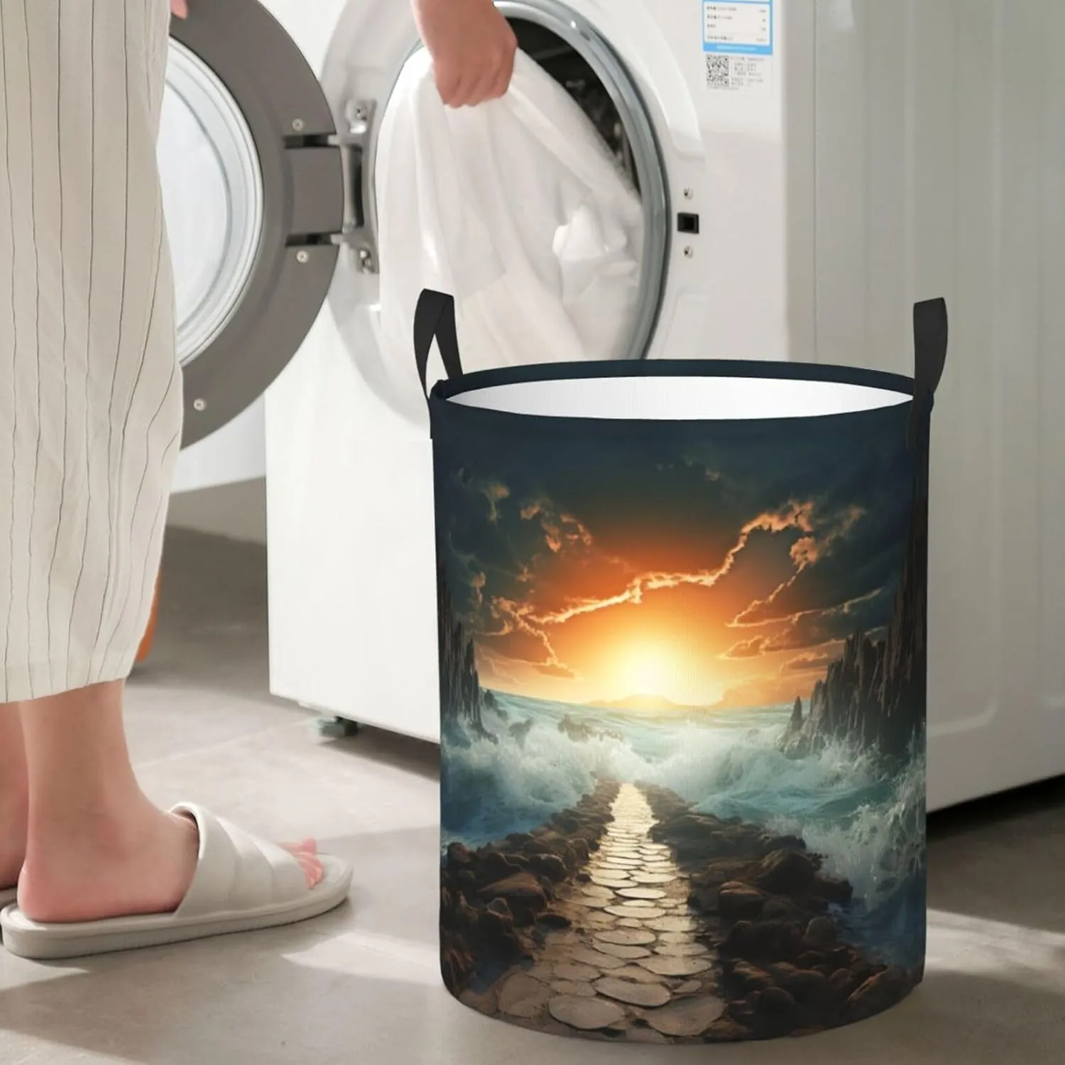 Laundry Basket Freestanding Laundry Hamper Divided Sea Pathway Laundry Baskets Dirty Clothes Hamper for Laundry Circular Storage Basket Collapsible Storage Bag for Bedroom