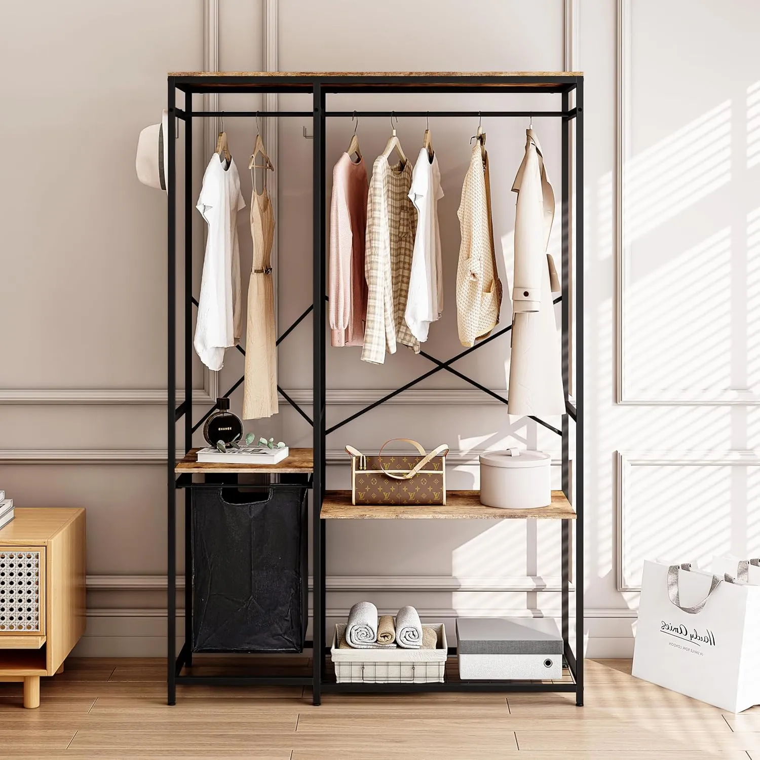 Laundry Basket with Shelves, with Shelves and Hooks, high Laundry Basket Classifier, 1 Pull-Out and Movable Bag