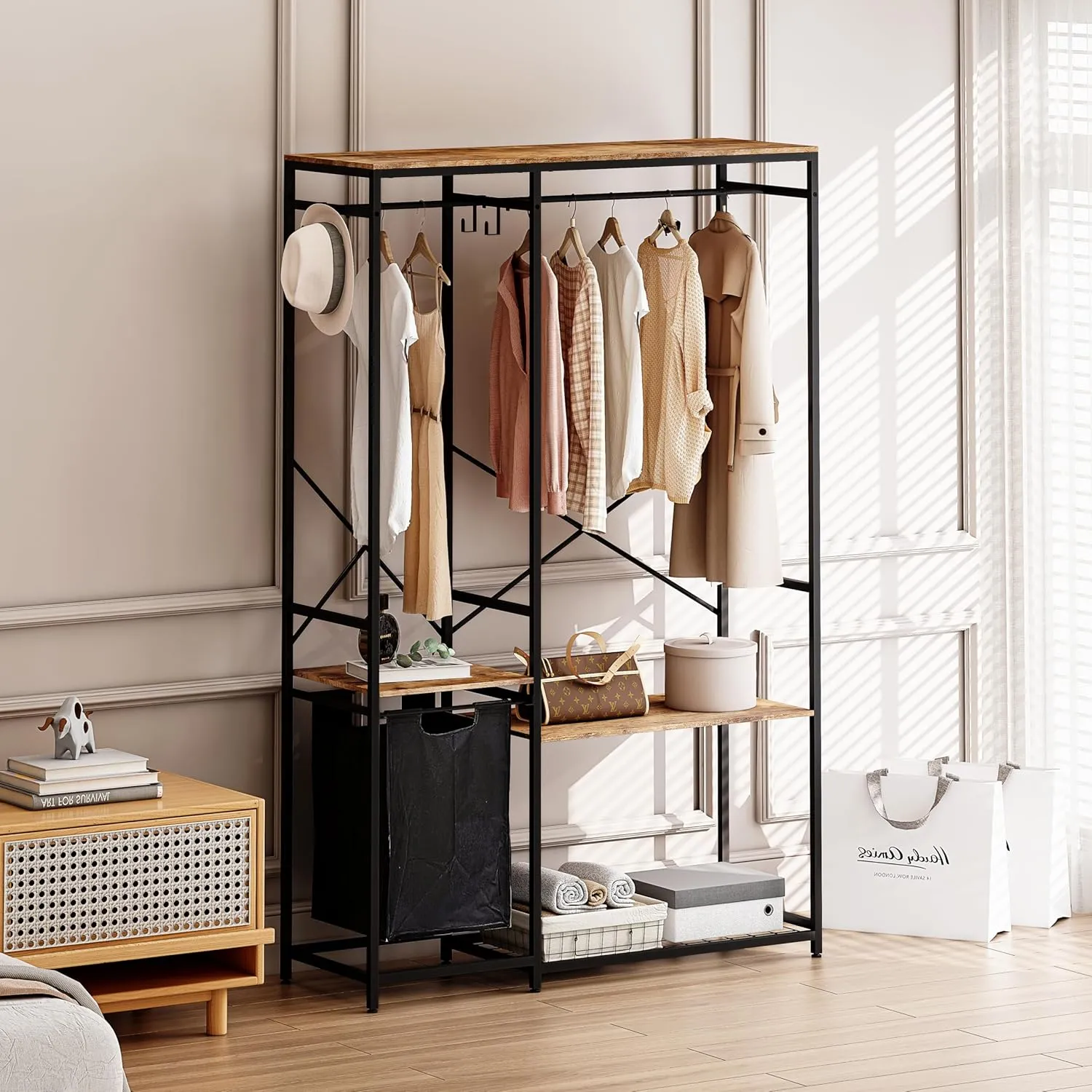 Laundry Basket with Shelves, with Shelves and Hooks, high Laundry Basket Classifier, 1 Pull-Out and Movable Bag