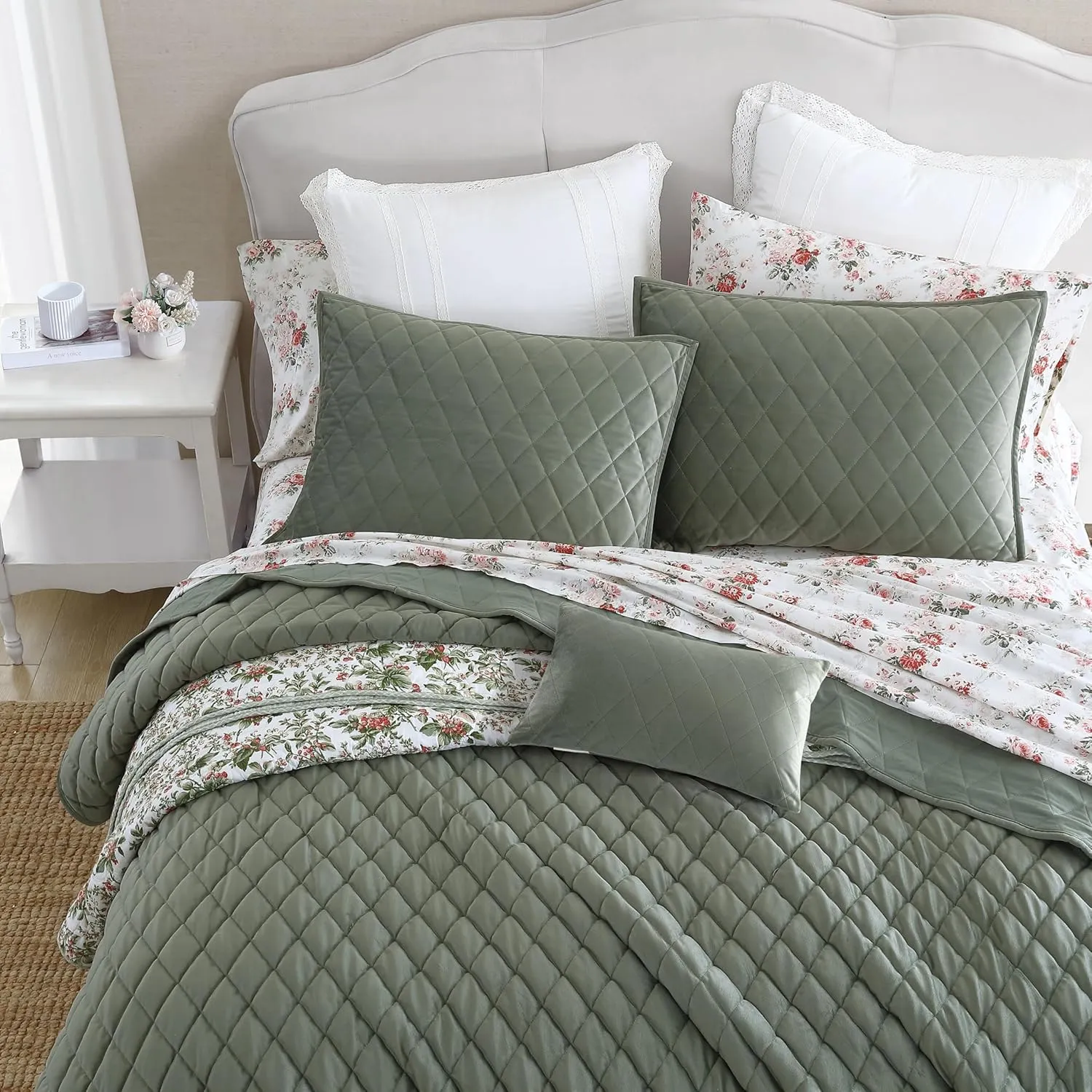 Laura Ashley - Queen Quilt Set, Solid Velvet Reversible Bedding, All Season Home Decor with Shams & Bonus Pillow Cover (Diamond Stitch Dark Green, Queen)