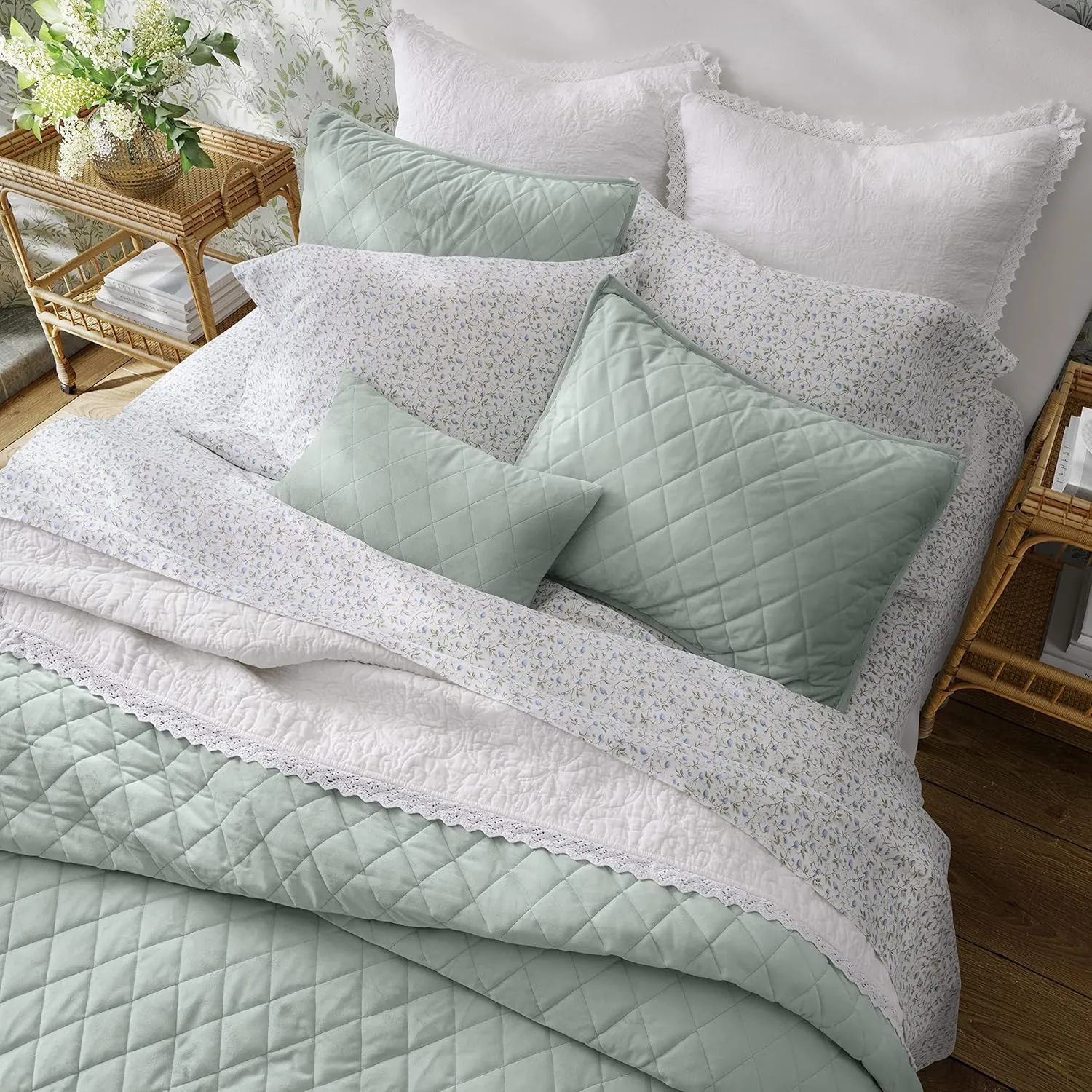 Laura Ashley - Twin Quilt Set, Solid Velvet Reversible Bedding, All Season Home Decor with Sham & Bonus Pillow Cover (Diamond Stitch Sage Green, Twin)