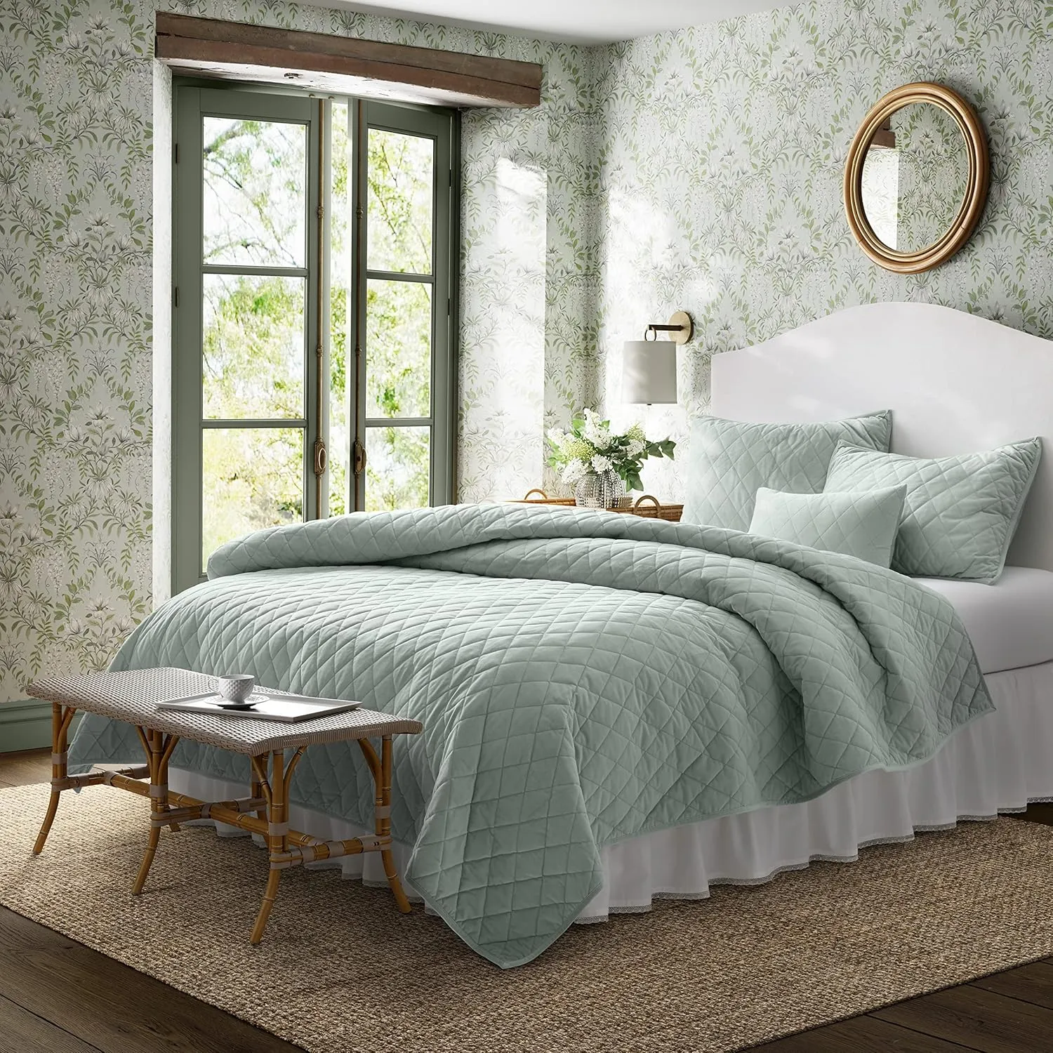 Laura Ashley - Twin Quilt Set, Solid Velvet Reversible Bedding, All Season Home Decor with Sham & Bonus Pillow Cover (Diamond Stitch Sage Green, Twin)