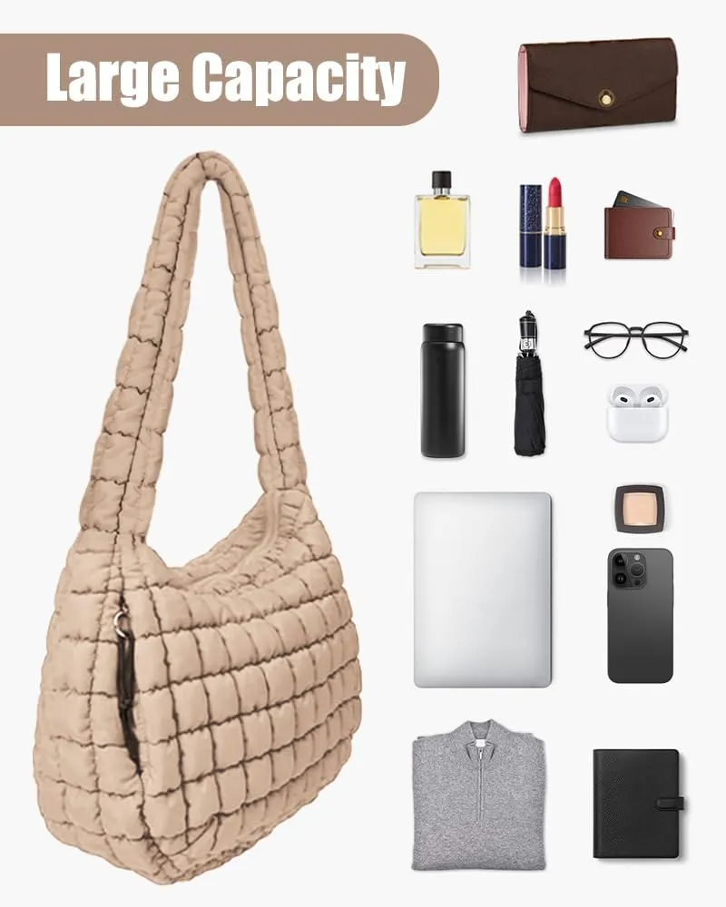 LaurelTree Quilted Puffer Crossbody Bag Lightweight Nylon Puffer Tote Bags Puffy Shoulder Bag Carryall Hobo Bags for Women