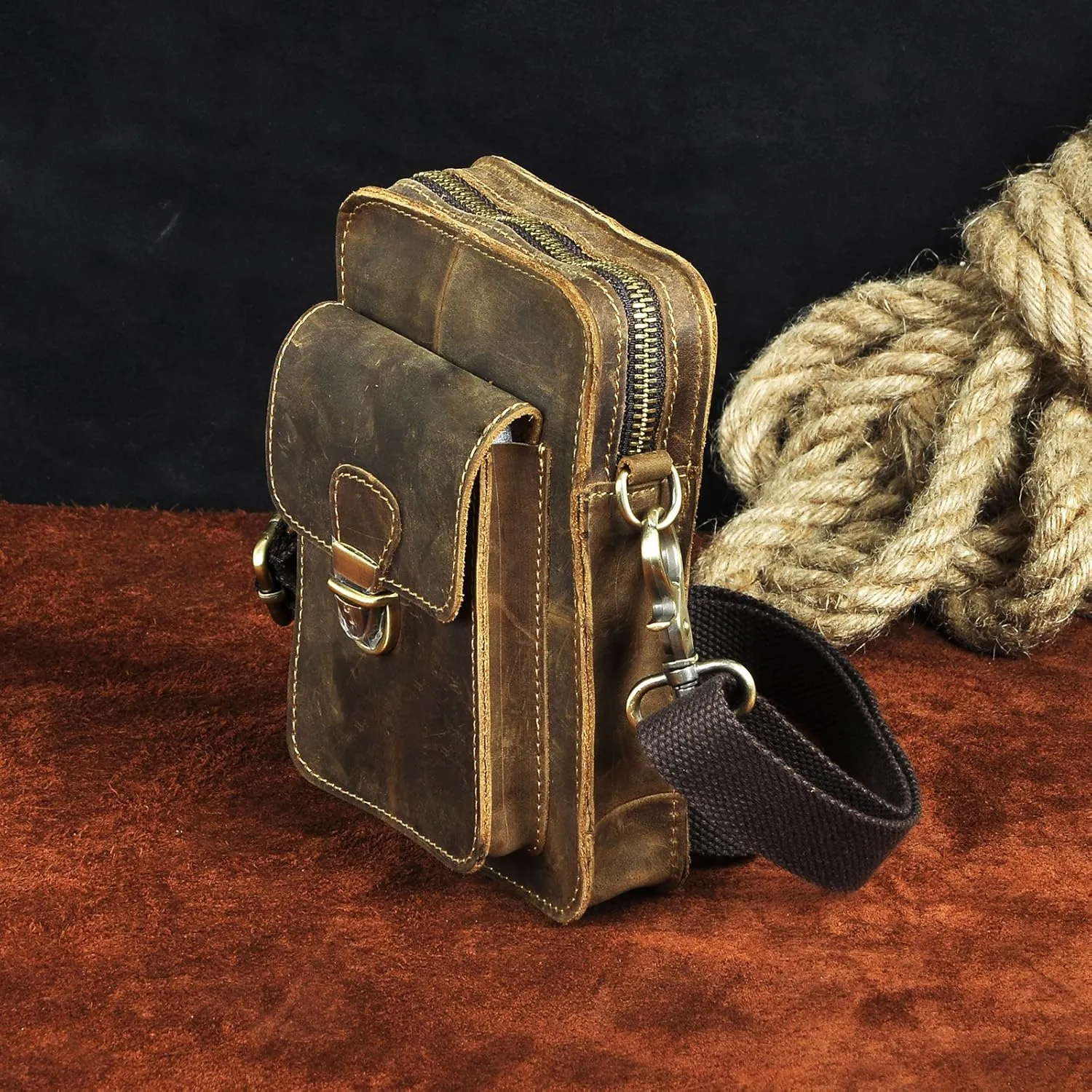 Le'aokuu Mens Genuine Leather Fanny Messenger Shoulder Satchel Waist Bag Pack