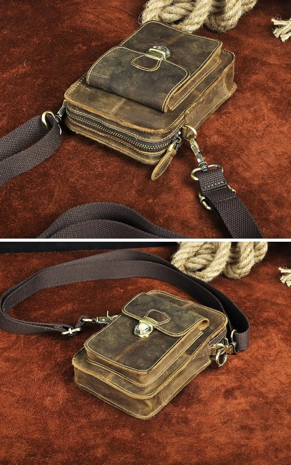 Le'aokuu Mens Genuine Leather Fanny Messenger Shoulder Satchel Waist Bag Pack