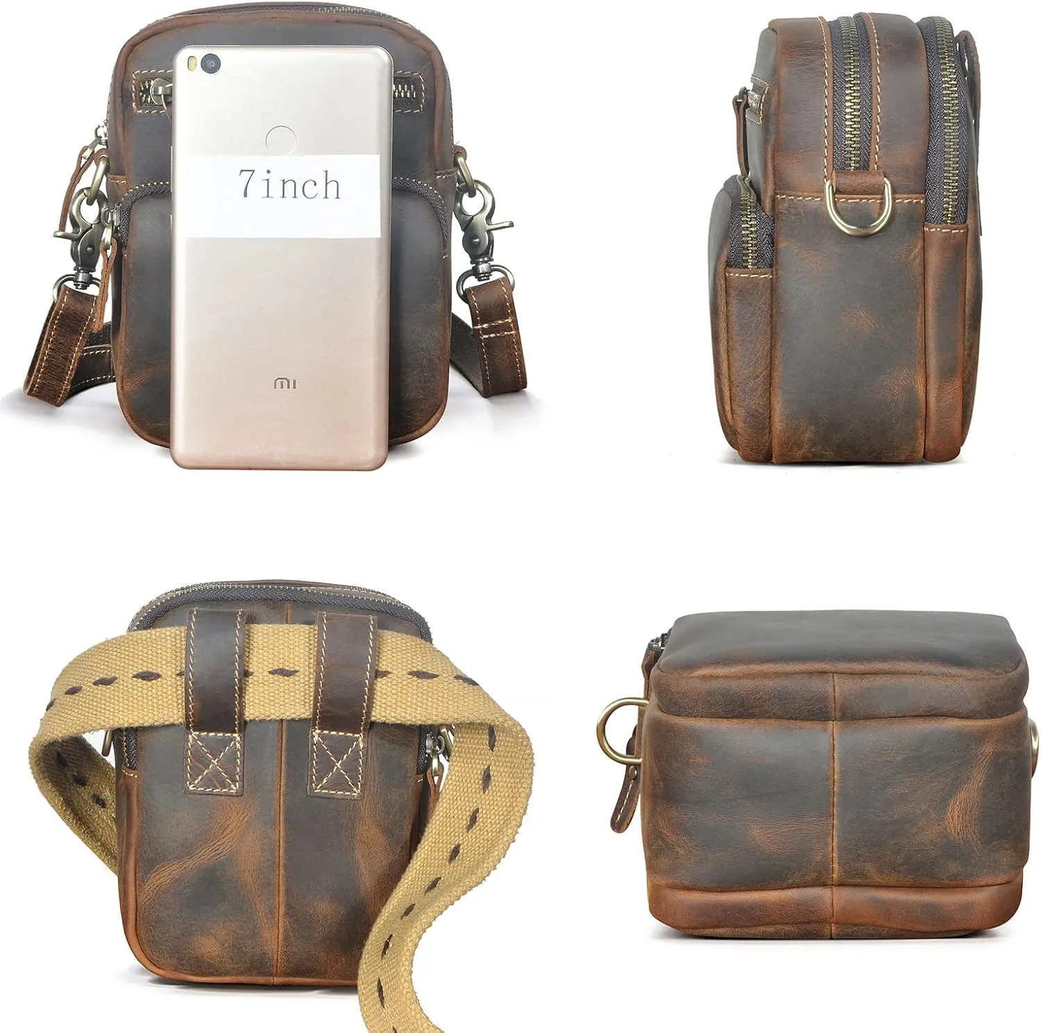 Le'aokuu Mens Genuine Leather Small Messenger Shoulder Satchel Phone Pouch Belt Fanny Waist Bag Pack