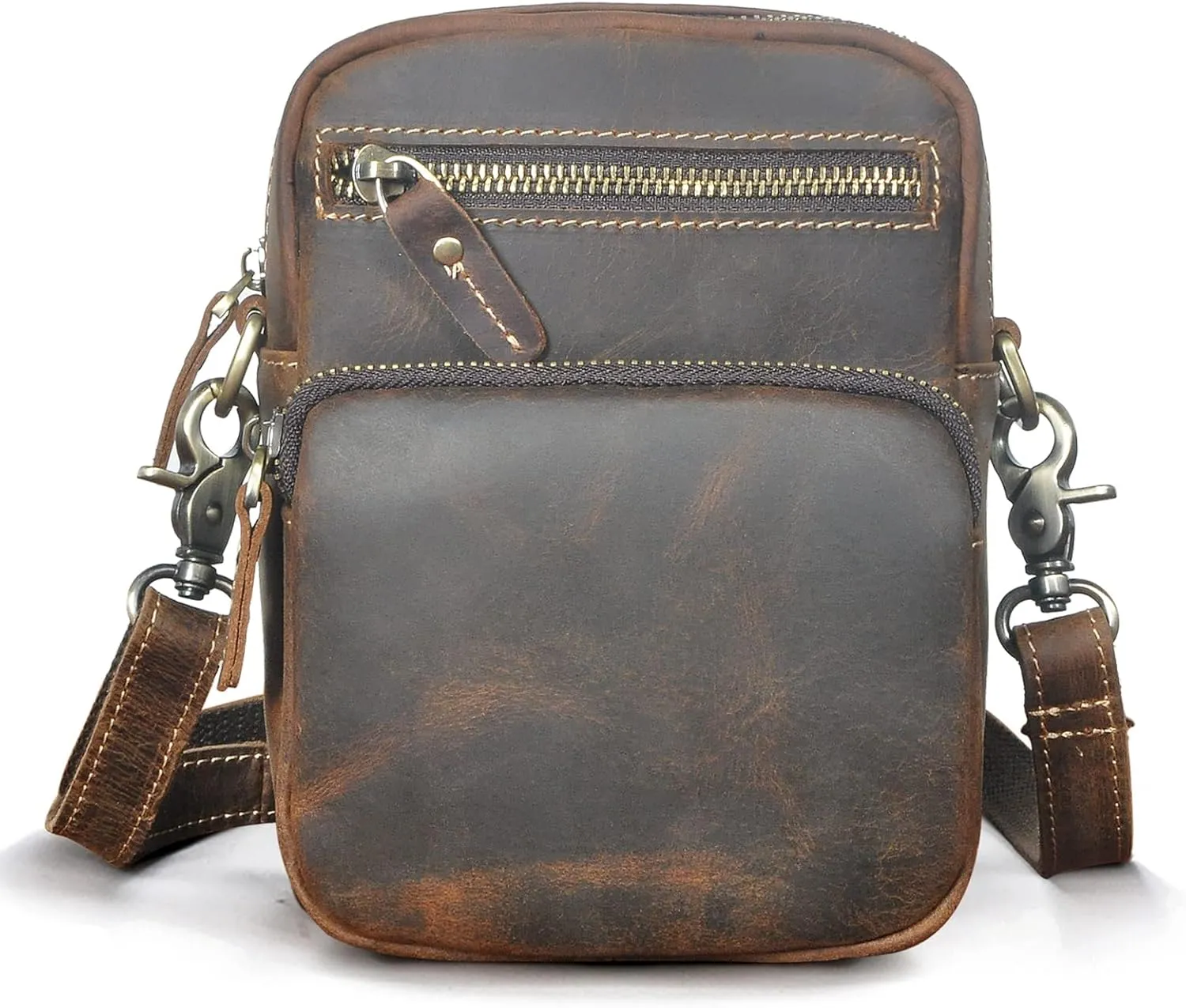 Le'aokuu Mens Genuine Leather Small Messenger Shoulder Satchel Phone Pouch Belt Fanny Waist Bag Pack