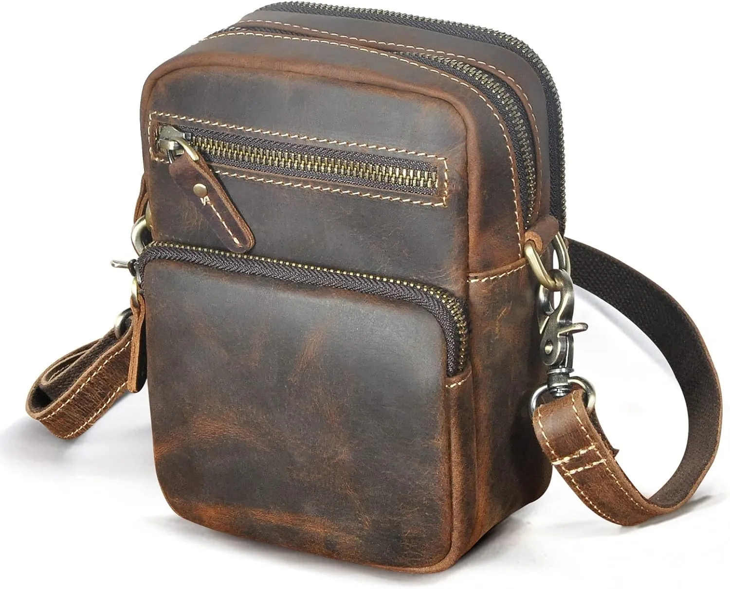 Le'aokuu Mens Genuine Leather Small Messenger Shoulder Satchel Phone Pouch Belt Fanny Waist Bag Pack