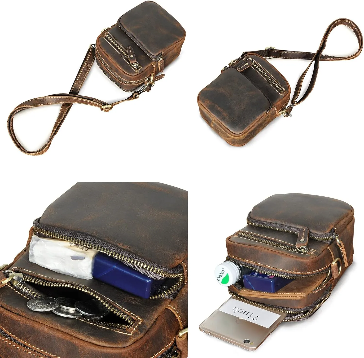 Le'aokuu Mens Genuine Leather Small Messenger Shoulder Satchel Phone Pouch Belt Fanny Waist Bag Pack