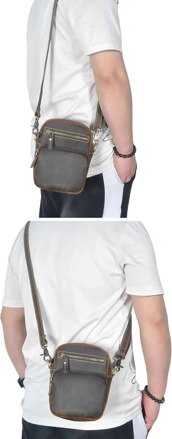 Le'aokuu Mens Genuine Leather Small Messenger Shoulder Satchel Phone Pouch Belt Fanny Waist Bag Pack