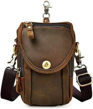 Le'aokuu Mens Original Leather Designer Casual Small Messenger Shoulder Bag Fashion Waist Belt Bag Pack Cigarette Phone Case