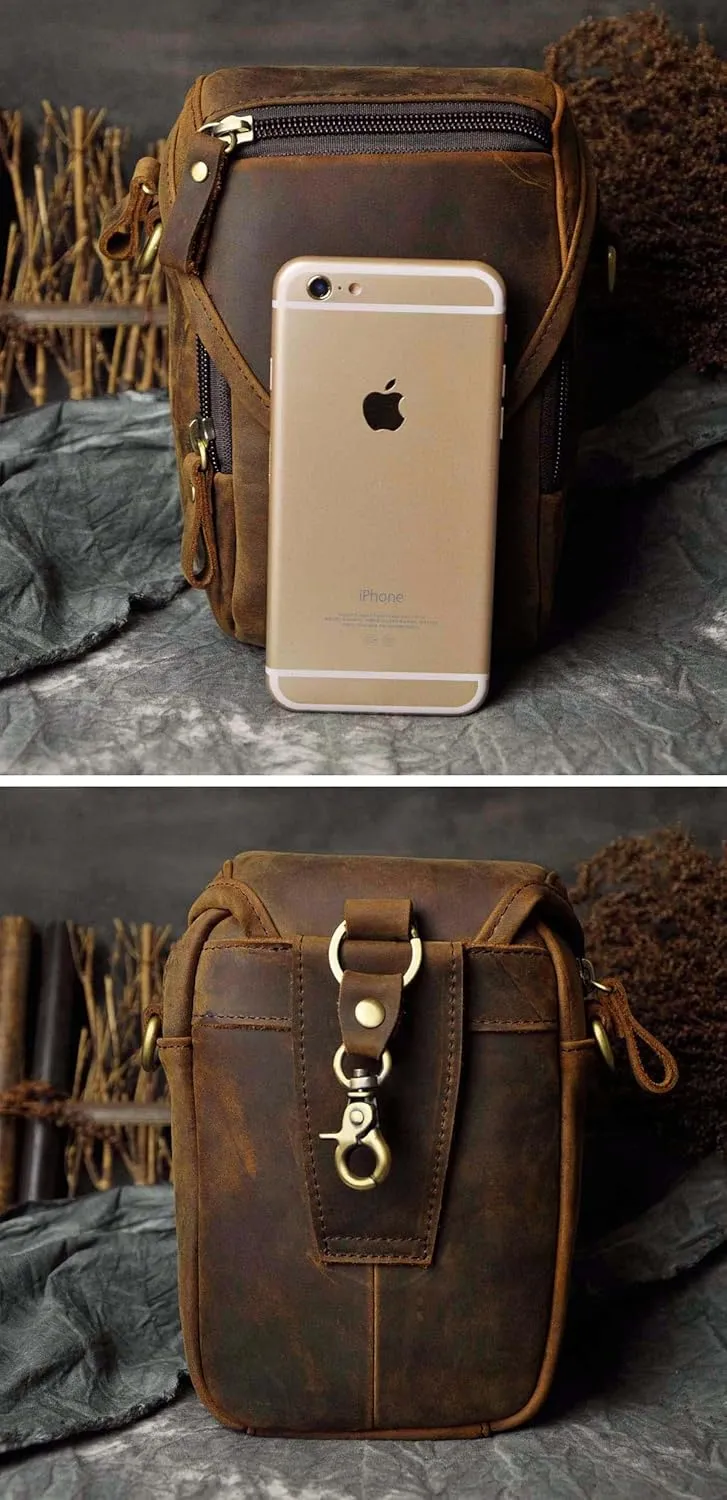 Le'aokuu Mens Original Leather Designer Casual Small Messenger Shoulder Bag Fashion Waist Belt Bag Pack Cigarette Phone Case