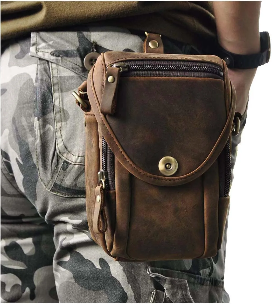 Le'aokuu Mens Original Leather Designer Casual Small Messenger Shoulder Bag Fashion Waist Belt Bag Pack Cigarette Phone Case