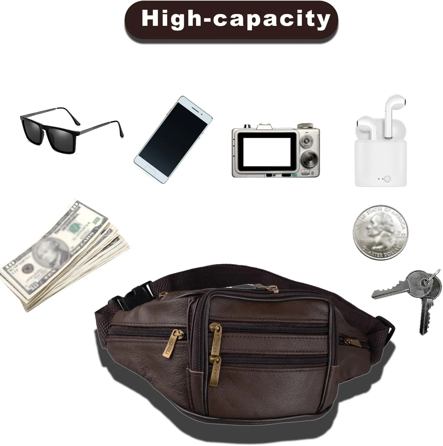 Leather Fanny Pack For Men & Women Belt Bag With Adjustable Waist Belt, Lightweight Fanny Pack Comes With Multiple Zippered Pockets Easy Carry Any Phone,Wallet (brown)