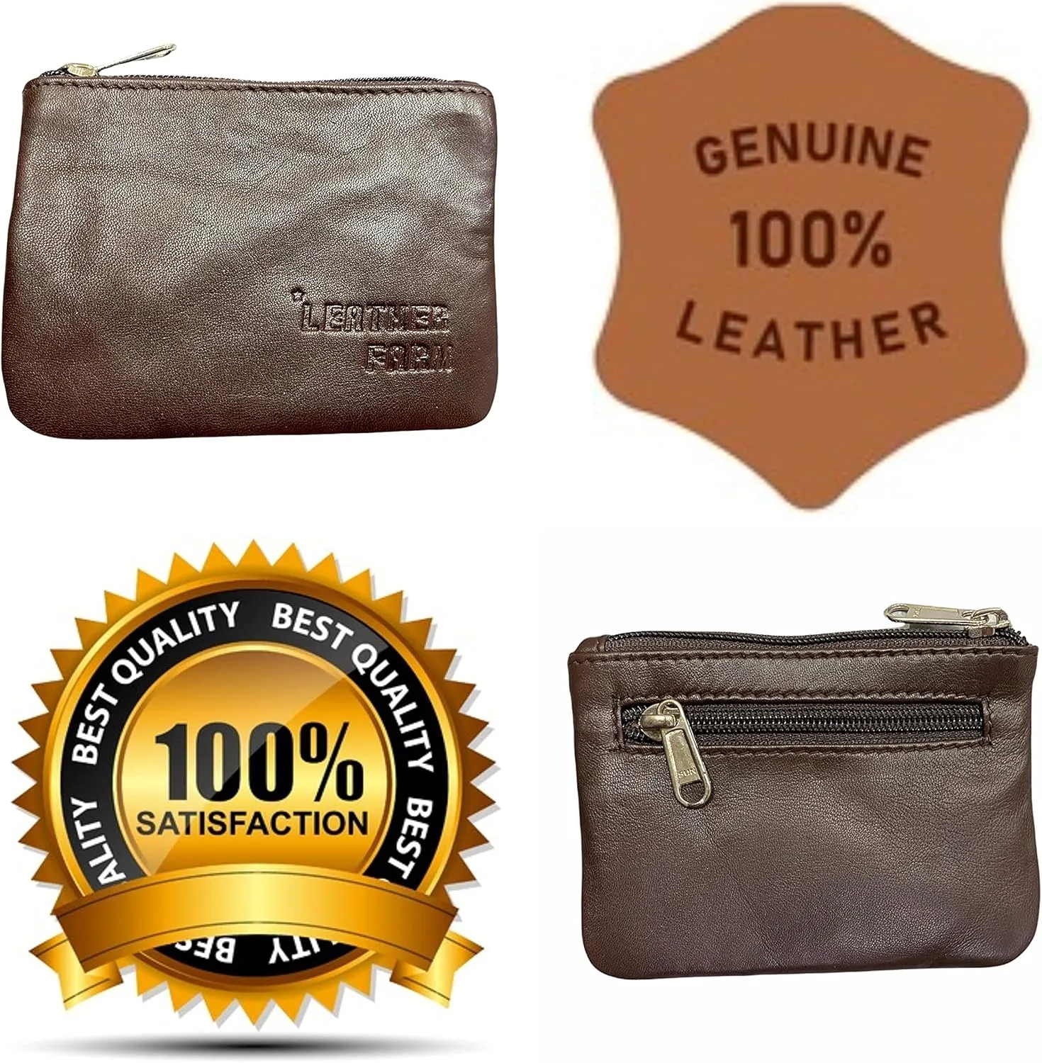 LEATHER FARM's lambskin leather coin pouch/coin purse for both mens and womens. (BROWN)