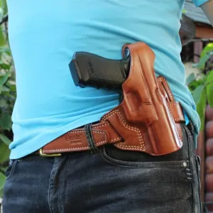 Leather OWB Three Slot Pancake Holster with Thumb Break for, Sigg P320-XTEN 10mm 5" Barrel, Right Hand Draw, Brown Color #1651#