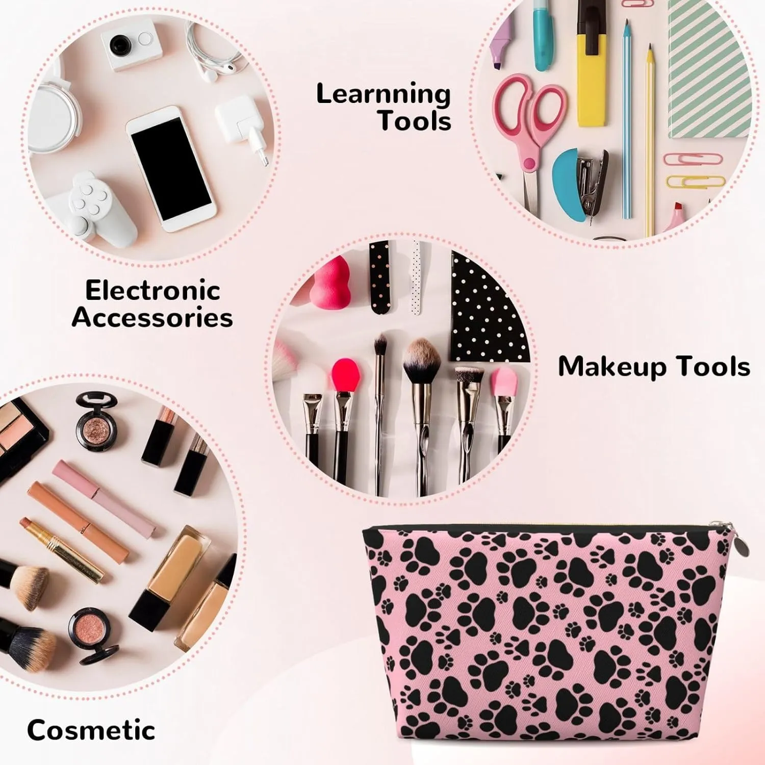 Leather Travel Toiletry Makeup Bag Zipper Makeup Pouch Travel Essentials Portable Cosmetic Bag Organiser Suitable Business Trip for Woman Man Black Claw Mark