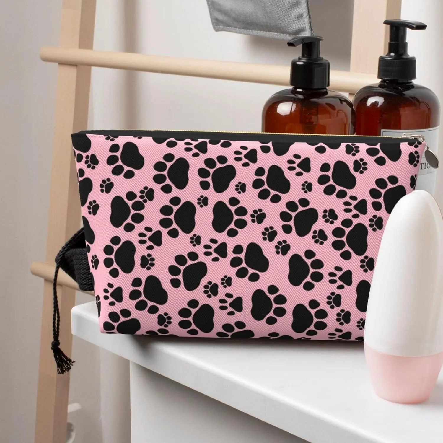 Leather Travel Toiletry Makeup Bag Zipper Makeup Pouch Travel Essentials Portable Cosmetic Bag Organiser Suitable Business Trip for Woman Man Black Claw Mark