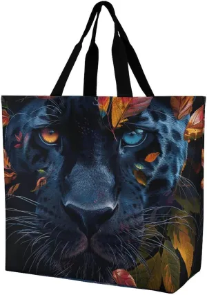 Leaves And Panther Tote Bags, Reusable Grocery Bags, Large Shopping Bag, Shoulder Bag for Women