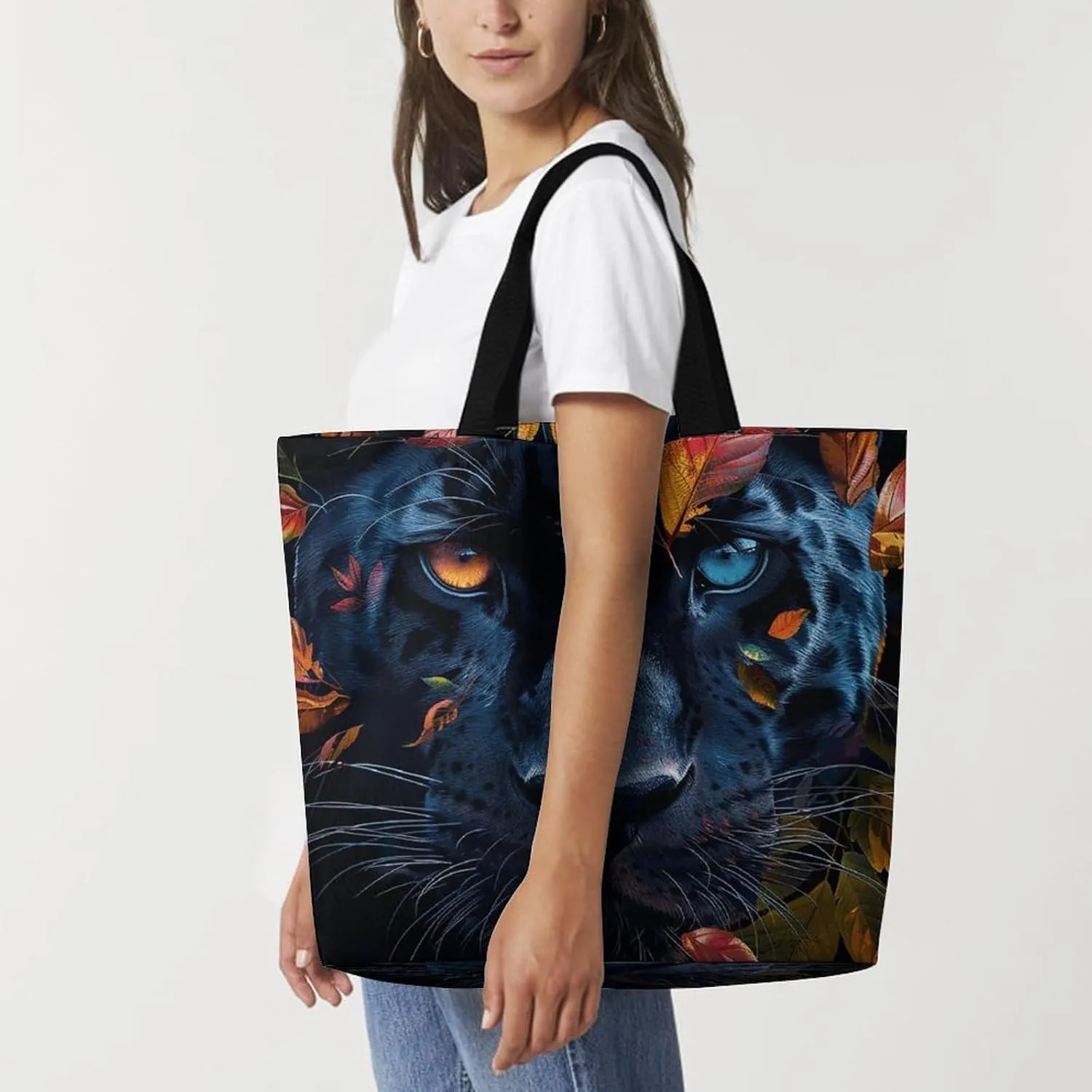 Leaves And Panther Tote Bags, Reusable Grocery Bags, Large Shopping Bag, Shoulder Bag for Women