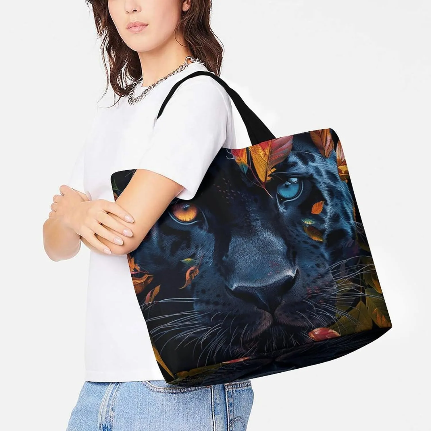 Leaves And Panther Tote Bags, Reusable Grocery Bags, Large Shopping Bag, Shoulder Bag for Women