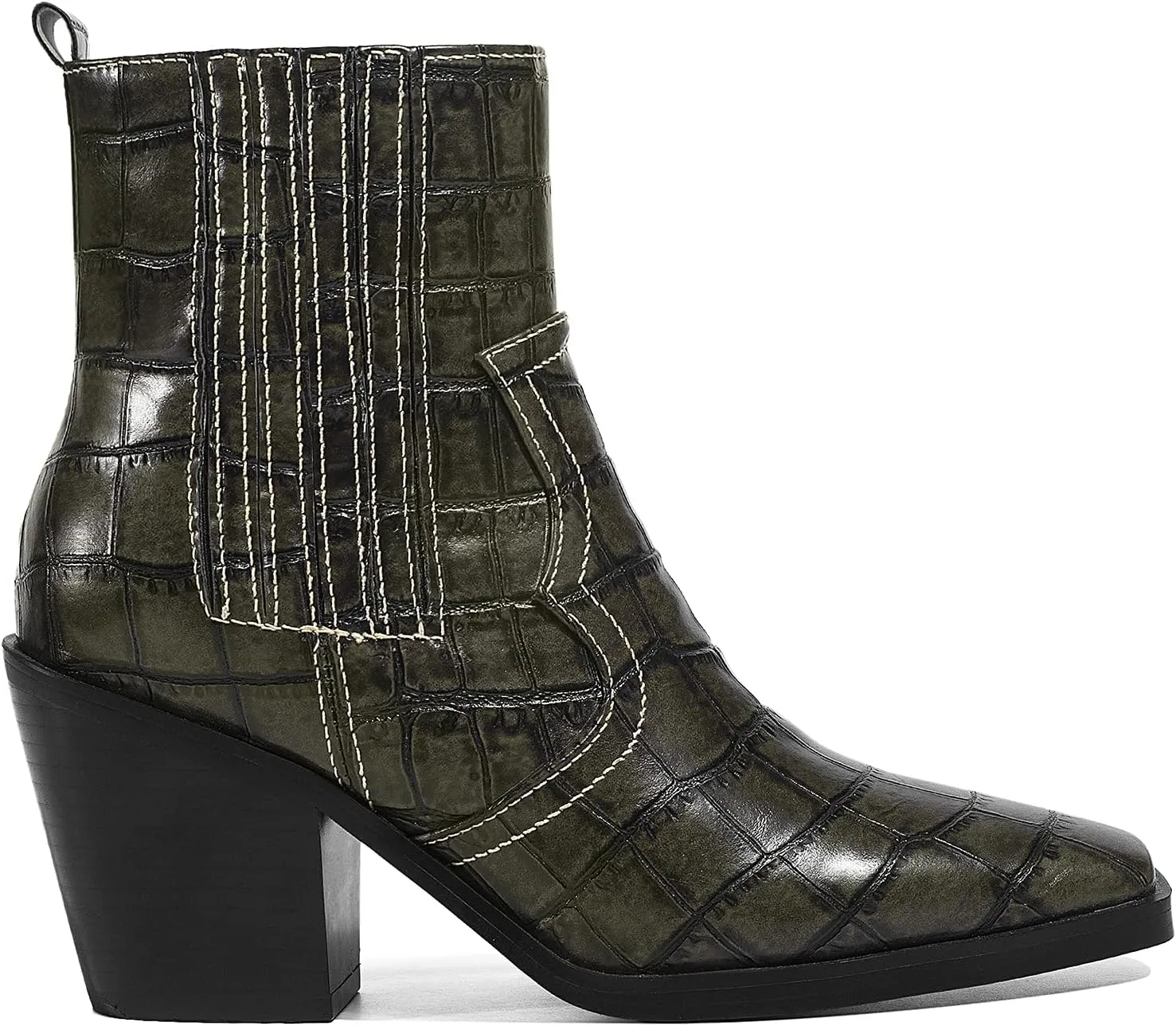 LEHOOR Chunky Stacked Heel Western Cowboy Boots for Women Crocodile Square Toe Pull On Cowgirl Boots Booties Embroidered Matte Leather Low Heel Combat Booties Vintage Dressy Fashion Casual 4-11 M US