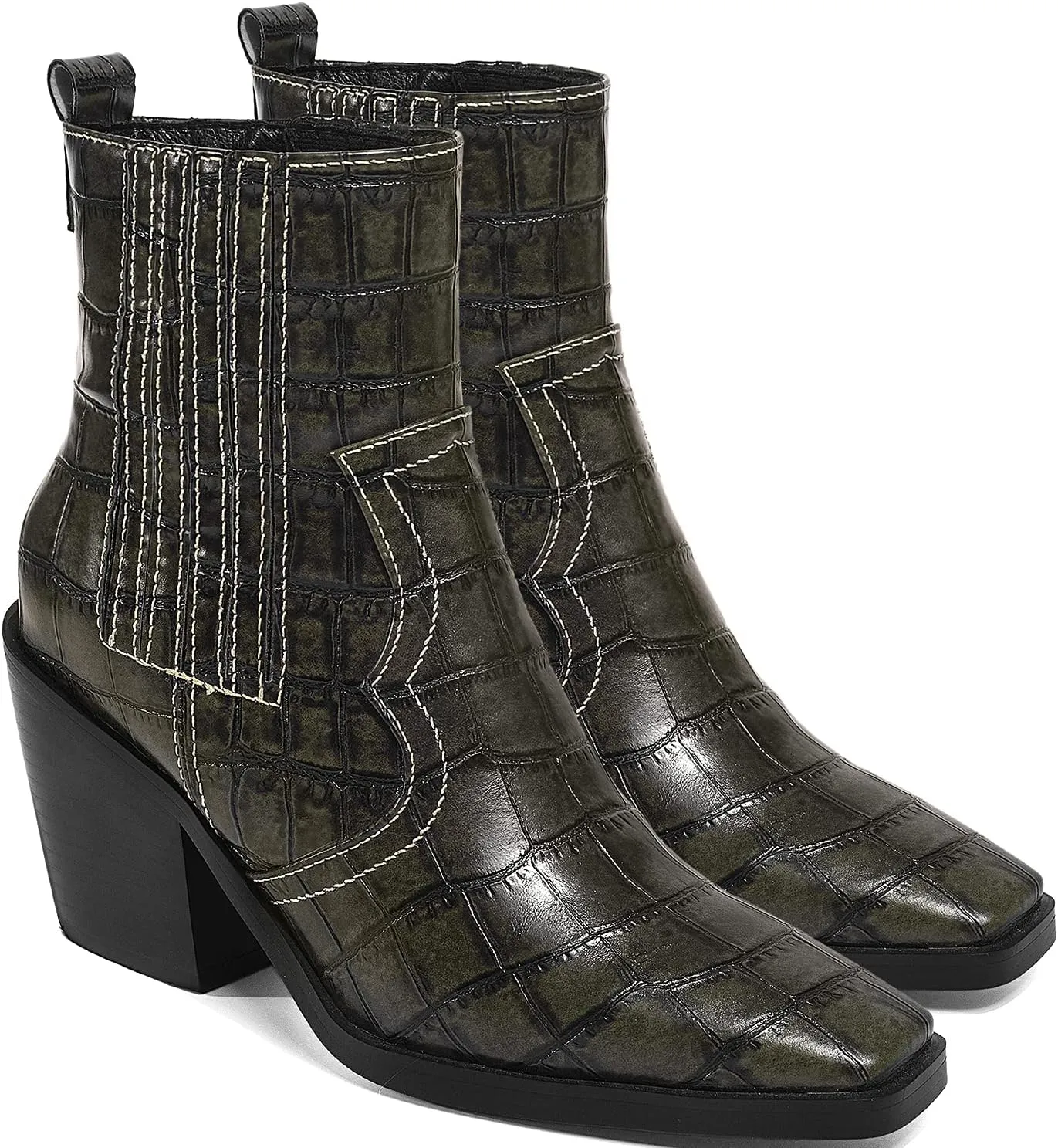 LEHOOR Chunky Stacked Heel Western Cowboy Boots for Women Crocodile Square Toe Pull On Cowgirl Boots Booties Embroidered Matte Leather Low Heel Combat Booties Vintage Dressy Fashion Casual 4-11 M US