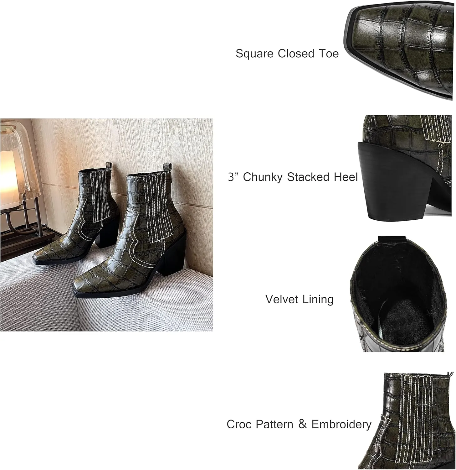 LEHOOR Chunky Stacked Heel Western Cowboy Boots for Women Crocodile Square Toe Pull On Cowgirl Boots Booties Embroidered Matte Leather Low Heel Combat Booties Vintage Dressy Fashion Casual 4-11 M US