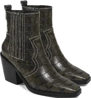 LEHOOR Chunky Stacked Heel Western Cowboy Boots for Women Crocodile Square Toe Pull On Cowgirl Boots Booties Embroidered Matte Leather Low Heel Combat Booties Vintage Dressy Fashion Casual 4-11 M US