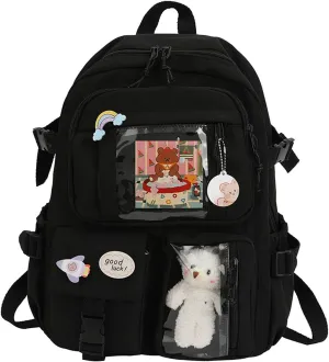 LELEBEAR Kawaii Backpack, Cute Bookbags With Kawaii Pin And Accessories (Black)