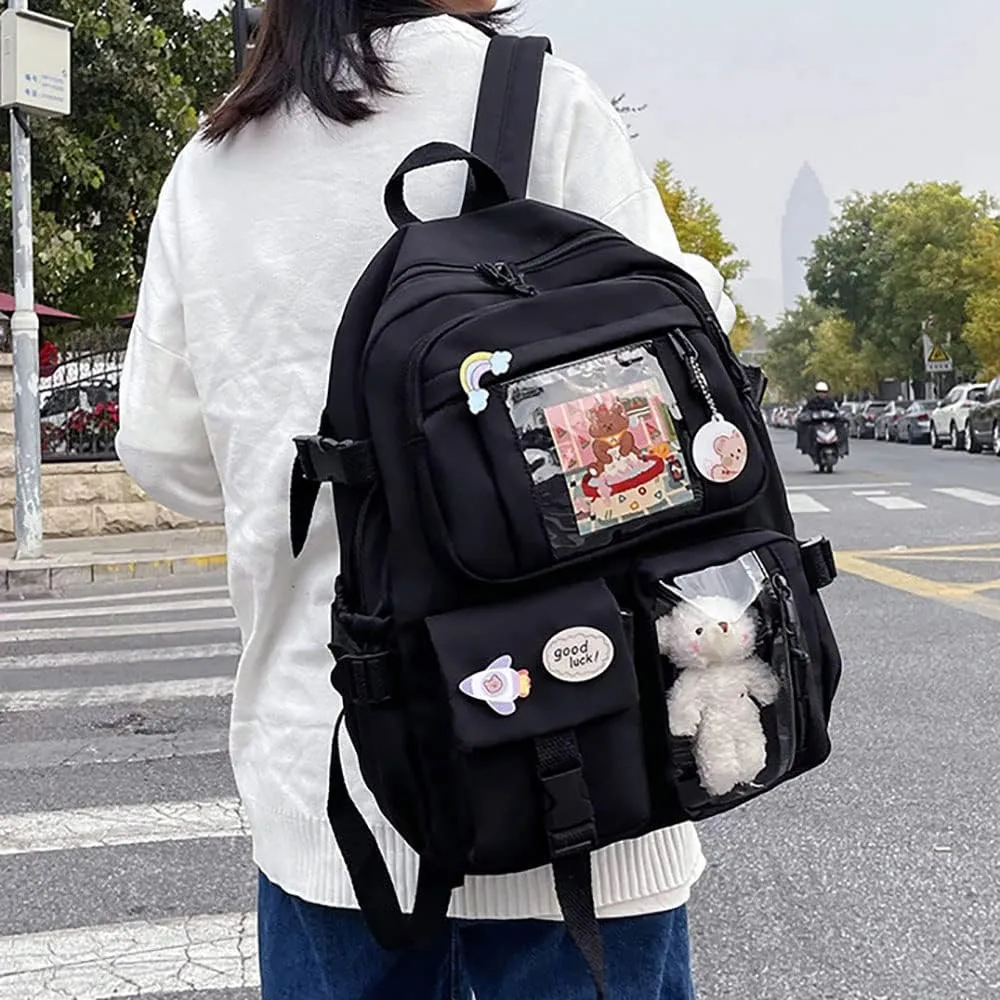 LELEBEAR Kawaii Backpack, Cute Bookbags With Kawaii Pin And Accessories (Black)
